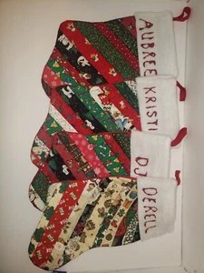 4 Handmade Strip Pieced QUILT STOCKING LOT UPCYCLE REPURPOSE SEE DESCRIPTION - Picture 1 of 9