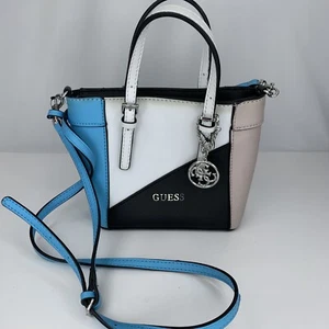 Guess Delaney Petit Crossbody Top Handle Mini Tote Shoulder Bag Blue Black White - Picture 1 of 10