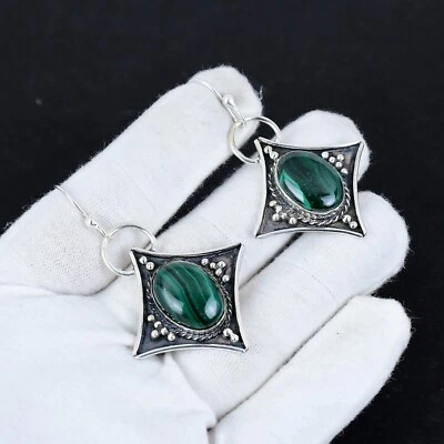 Naturale Malachite Gemma 925 Argento Sterling Gioielli Fatto Donna Orecchini - Immagine 1 di 4