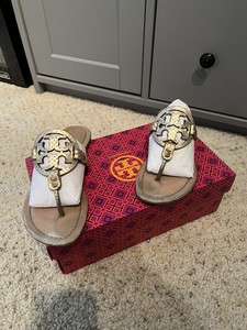 Tory Burch Rose Gold Metallic Glossy Snake Print Leather Sandals Sz 7.5 M W/ Box