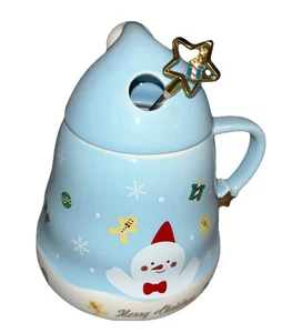 Weihnachten Kaffeebecher blau mit Weihnachtsmütze Deckel und Stern Rührstab _J3 - Bild 1 von 5