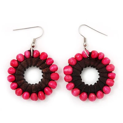 Wood Bead Hoop Earrings In Silver Tone/ Pink - 55mm Drop - Image 1 of 4