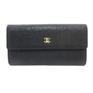 Auth CHANEL Camellia A82283 Black Calfskin Long Wallet Gold hardware - Picture 1 of 12