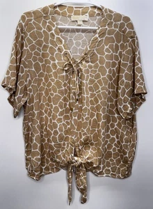 Michael Kors Brown Short Sleeve Linen Blouse Front Tie Coastal Beach Women 1X - Picture 1 of 9