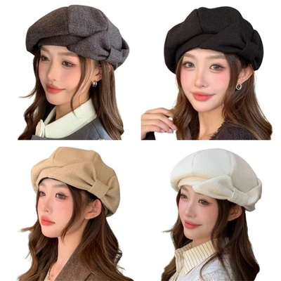 Women's Classic Bow Beret Cap Beanie Retro Warm Painter Hat For Autumn Winter - Image 1 of 4