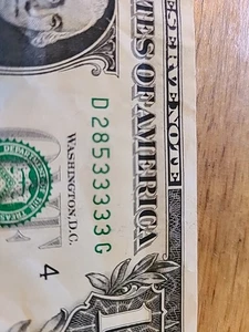 28533333. $1 FRN Fancy 5 In A Row Serial Number. - Picture 1 of 3