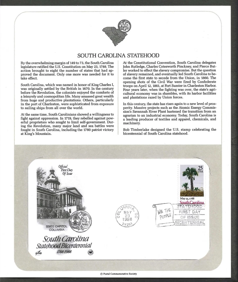 2343 Artcraft FDC on Postal Commem. Society Panel, South Carolina Bicentennial - Image 1 of 1