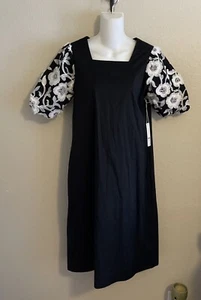 Chicos Dress Midi Size 00 XS PocketEmbroidered Balloon Sleeve Black Cotton $158 - Picture 1 of 14