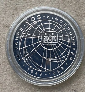 Sammlerstück 10 Deutsche Mark Gedenkmünze 1999 G, 50 Jahre SOS Kinderdörfer, PP - Bild 1 von 2