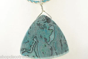 Unisex Chrysocolla Necklace Sterling Silver Wire Wrap Leather Cord Grounding  - Picture 1 of 3