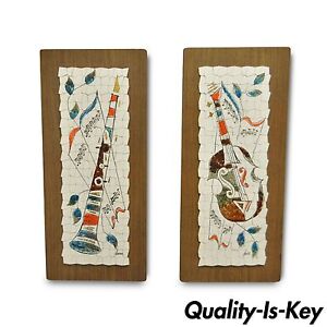 Pair Vintage Andre Mid Century Modernist Abstract Music Instrument Tile Wall Art
