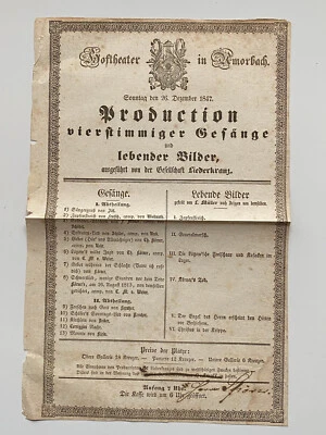 Hoftheater in Amorbach vierstimmige Gesänge  - seltener original Flyer 1847 - Bild 1 von 3
