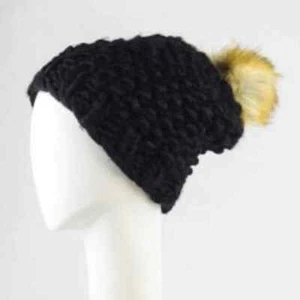 Womens Winter Black Beanie Hats With Faux Fur Pom Cozy Warm Knit Thick Cap - Picture 1 of 2