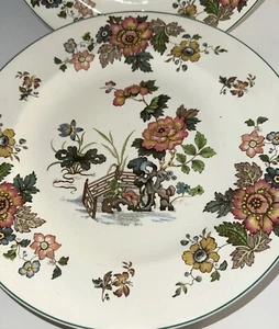 Wedgwood Eastern Flowers Dinner Plates Multi Color w/ Green Rim 10 3/8 Set Of 8 - Picture 1 of 7