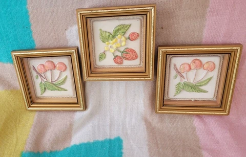 3 Vintage 80s Gold boxed Framed Ceramic Tiles fruit 15cm x 15cm x 3cm Cover
