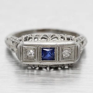 Antique Art Deco Square Sapphire & Diamond Band Ring - 18k White Gold - Picture 1 of 7