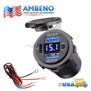 12V-24V PD + QC3.0 Dual USB Car Fast Charger Power Socket Outlet LED Voltmeter - Picture 1 of 22