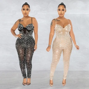 Damen Sexy Strass Jumpsuit Netz Transparent Body Glitzer Club Party Outfit - Bild 1 von 14