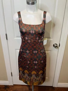 St. John Metallic Maroon, Green & Gold Geometric Pattern Sheath Dress, Size 2 - Picture 1 of 5