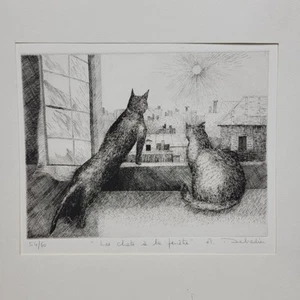 De colección Los gatos en la ventana bolígrafo arte callejero francés dibujo papel firmado - Imagen 1 de 17