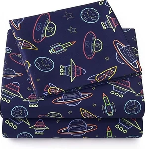 Sweet Home 1500 Supreme Kids Sheet Set Twin XL Neon Spaceships Deep Pocket NEW! - Picture 1 of 8