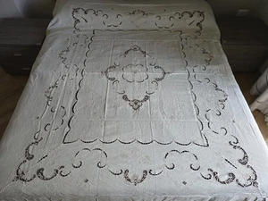 Copriletto in puro lino con ricamo Punto Ago a mano 235x270 cm ecrù color - Picture 1 of 15