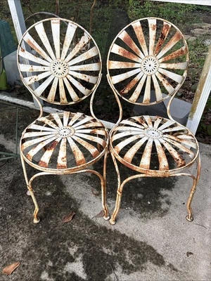 Francois Carre Metal Garden Chairs Sunburst set of 2 vtg patio - Image 1 of 4