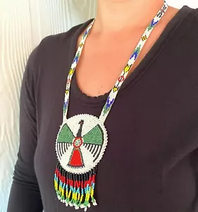 Vintage Colorful Beaded Thunderbird Leather Necklace (SJ2) - Picture 1 of 10