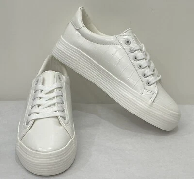 Ex Miss Selfridge Womens Chunky White Croc Design Lace Up Trainers Sneakers
