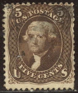 U.S. #95 SCARCE Used - 5c Brown w/ "F" Grill ($850) - Picture 1 of 1