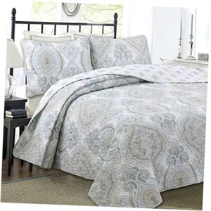 Sky Blue Tan Gray Microfiber Reversible Quilt Bedding King Modern Medallion - Picture 1 of 8