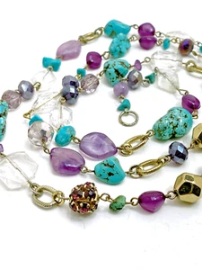 Long Bead Necklace Stone Glass Faux Turquoise Amethyst Crystal 42 In - Picture 1 of 5