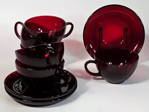 Vintage Anchor Hocking Royal Ruby Red R4000 6 Cups 3 Saucers Depression UV Glow - Picture 1 of 11