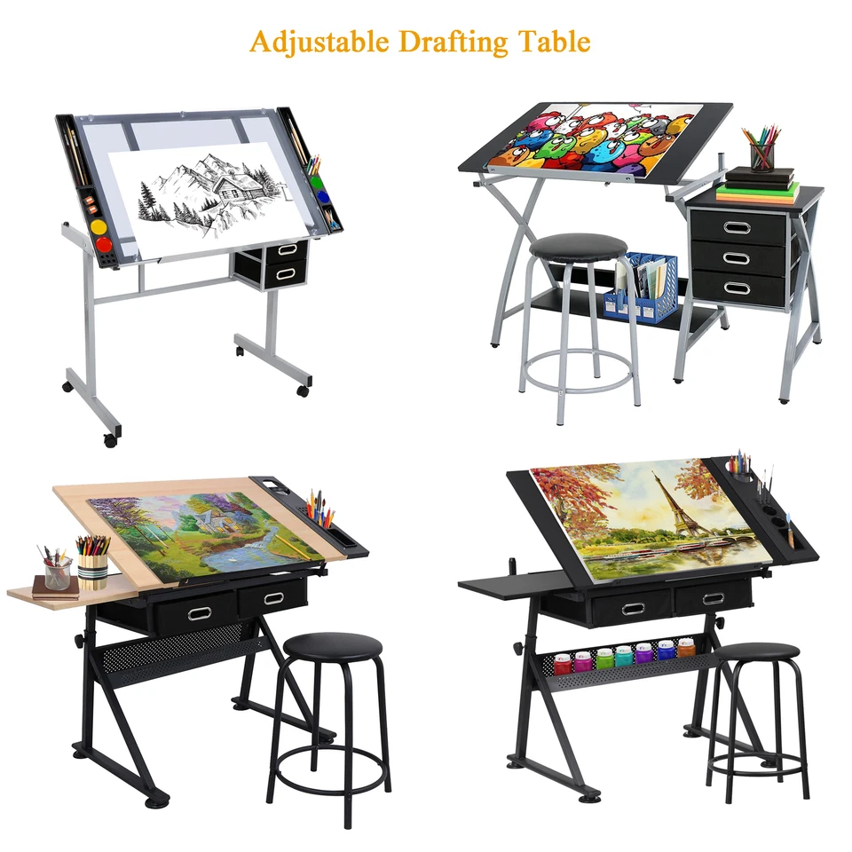 Drafting Table Station Glass Top Drawing Desk Craft Station Artist Multi Type  - Image 1 of 1