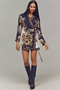 Neu mit Etikett Farm Rio langärmliges geblümtes Wickel-Minikleid mit Perlen zum Binden schwarz MULTI M - Bild 1 von 5