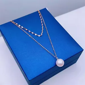 Pure 18K Yellow Rose Gold Chain Women Pearl Double Diamond-Cut O Link Necklace - Picture 1 of 7