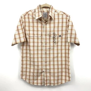 Ascend Men Small Shirt Button Down Top Brown Checkered Plaid Short Sleeve - Picture 1 of 11
