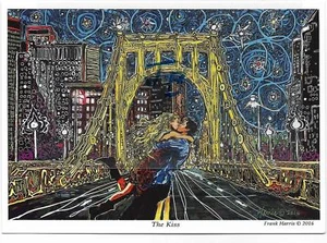 5X7" FANTASY ART CARD~"THE KISS" ON THE BRIDGE-PITTSBURGH,PA by F.HARRIS 2016 - Picture 1 of 1