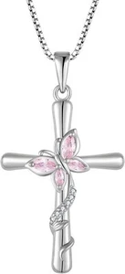 Cross Necklace for Women 925 Sterling Silver Butterfly Birthstone Necklace Gifts - Picture 1 of 6