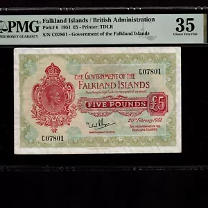 Falkland Islands 5 Pounds 1951 P-6 * PMG VF 35 * Top Pop * - Picture 1 of 2