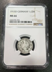 1915 D MS66 Germany Silver 1/2 Mark NGC KM 17 Bright White Luster! - Picture 1 of 4