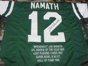 Camiseta deportiva autografiada por Joe Namath de los New York Jets firmada personalizada STAT Dan Marino Holo - Imagen 1 de 3