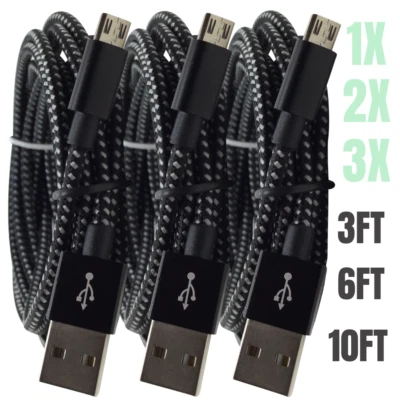 Lote de cable de datos cargador Android de carga rápida cable micro USB trenzado de 3/6/10 pies negro Foto 1 de 4
