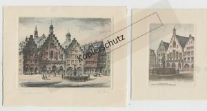 2 Stiche Radierungen Frankfurt am Main Römer Gerechtigkeitsbrunnen Büttenpapier - Bild 1 von 2