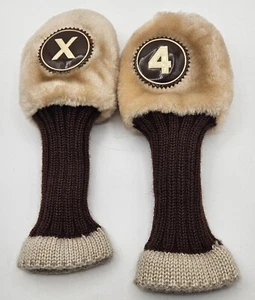 Lot of 2 Vintage Knit Brown And Beige Golf Club Head Covers 4 & X - Picture 1 of 8