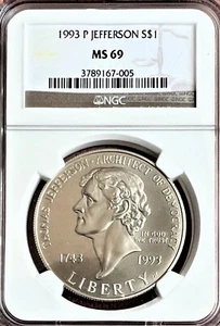1993-P JEFFERSON COMMEMORATIVE DOLLAR COIN GRADED BY NGC AS MS69 - Picture 1 of 2
