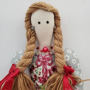 Tilda Stil Puppe 24" Handarbeit Landmädchen braune Zöpfe Blumen Kleid Ohrringe - Bild 1 von 20