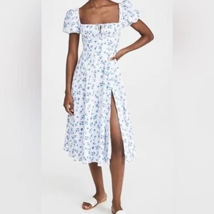 NWT Kourt Puff Sleeve Square Neck Cotton Midi Dress In Blue Floral Print Size S - Picture 1 of 8