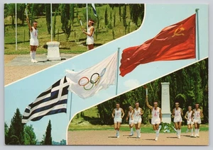 Continental Postcard Greece Olympia Olympic Torch Lighting Ceremony Soviet Flag - Picture 1 of 2