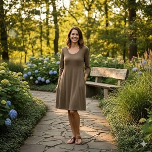 Horny Toad & Co braunes Kleid kleiner U-Ausschnitt 3/4 Arm Freizeit Stretch Strick - Bild 1 von 9